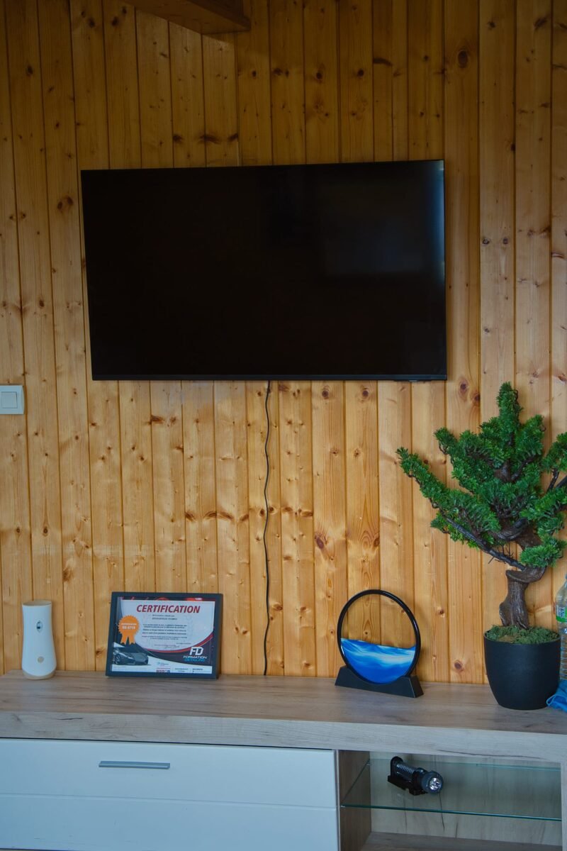 Coin réception de l'atelier avec TV murale, mini-certification encadrée et bonsaï